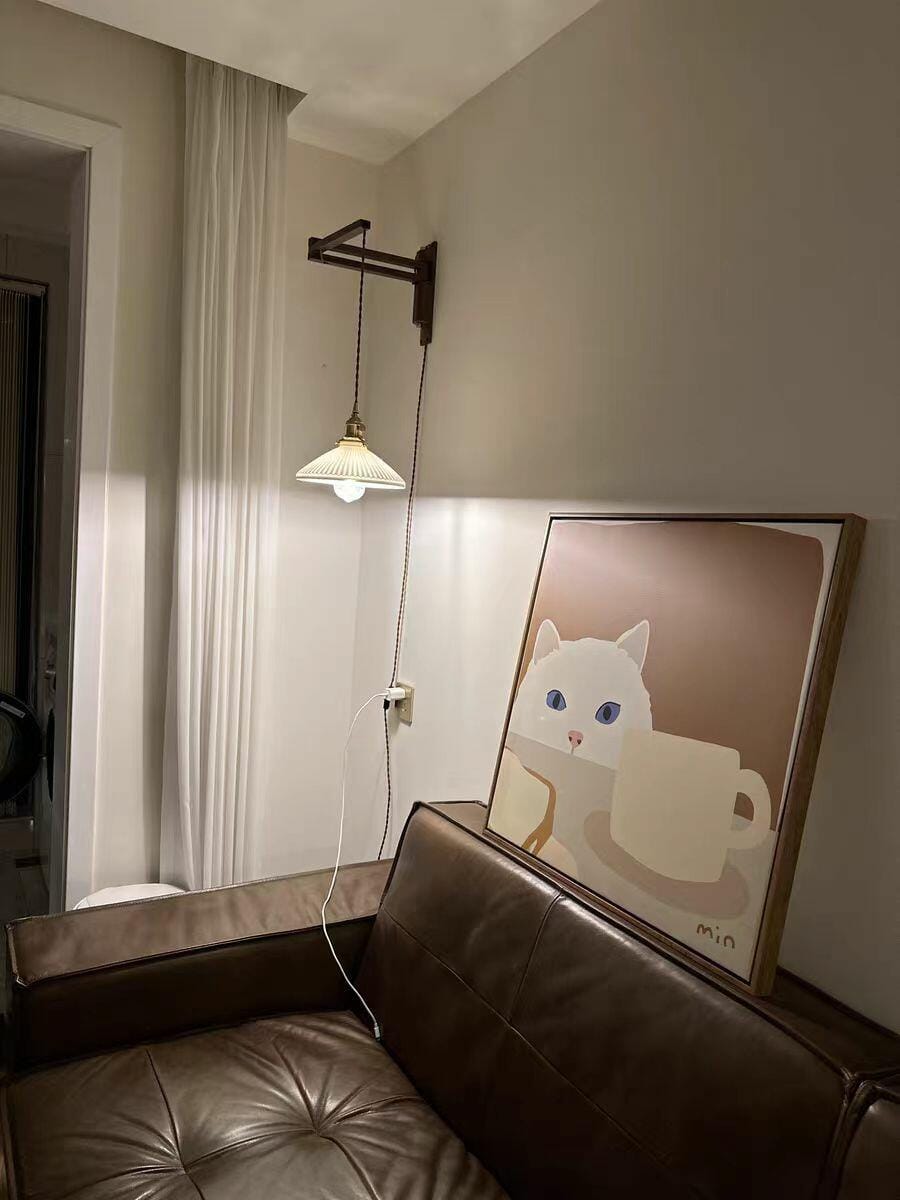 Customer photo review of Swing Arm Wall Light, Wood and Brass, Plug In Wall Sconce