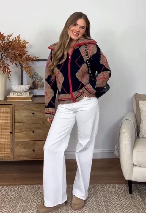 Customer photo review of Lara Argyle Ribbed Knit Zip-Up Cardigan