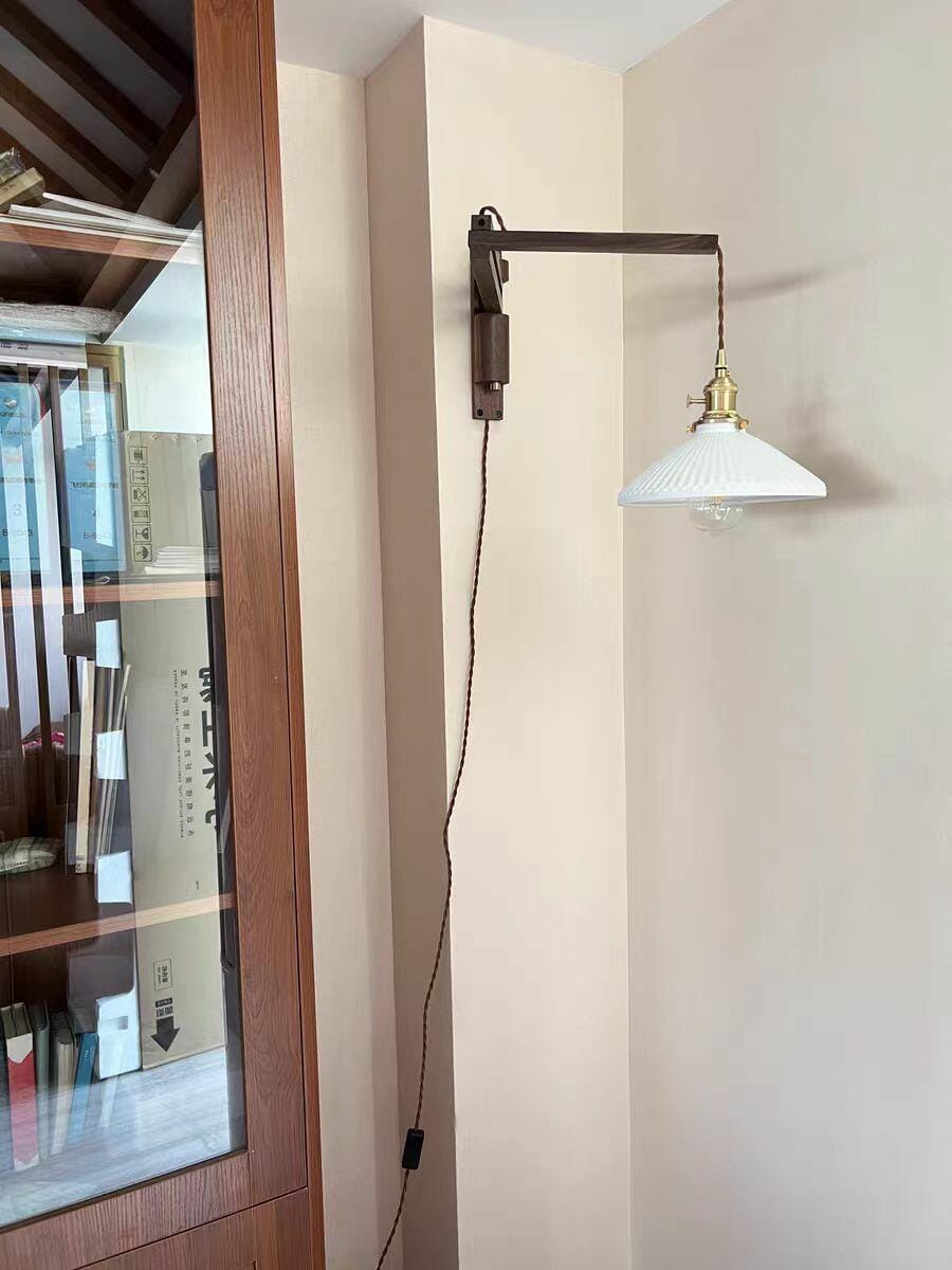Customer photo review of Swing Arm Wall Light, Wood and Brass, Plug In Wall Sconce