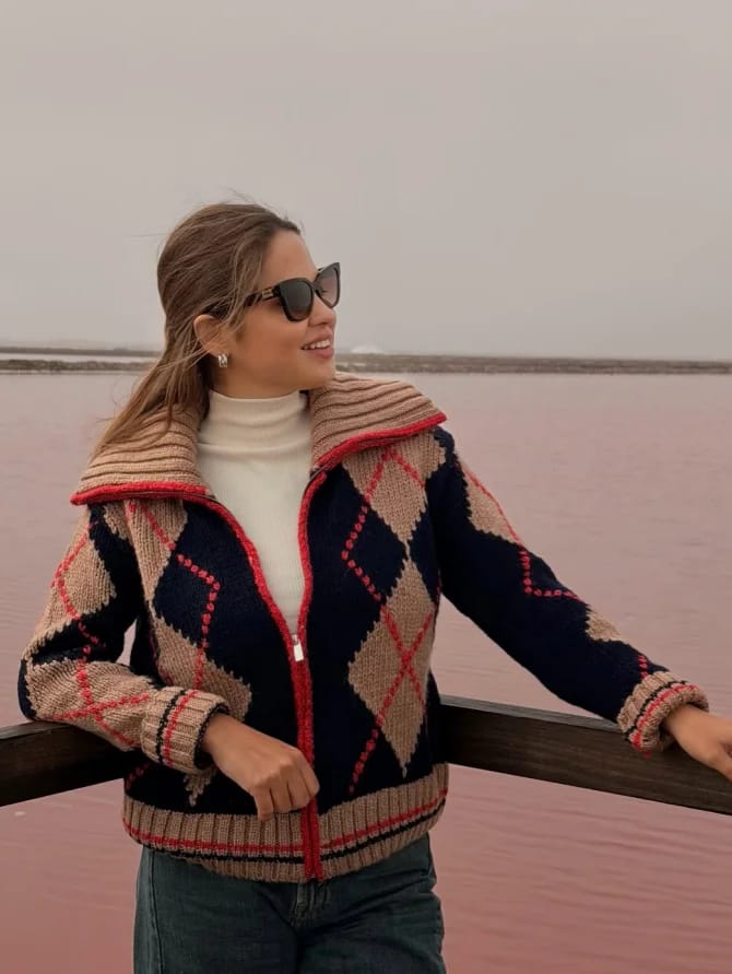 Customer photo review of Lara Argyle Ribbed Knit Zip-Up Cardigan