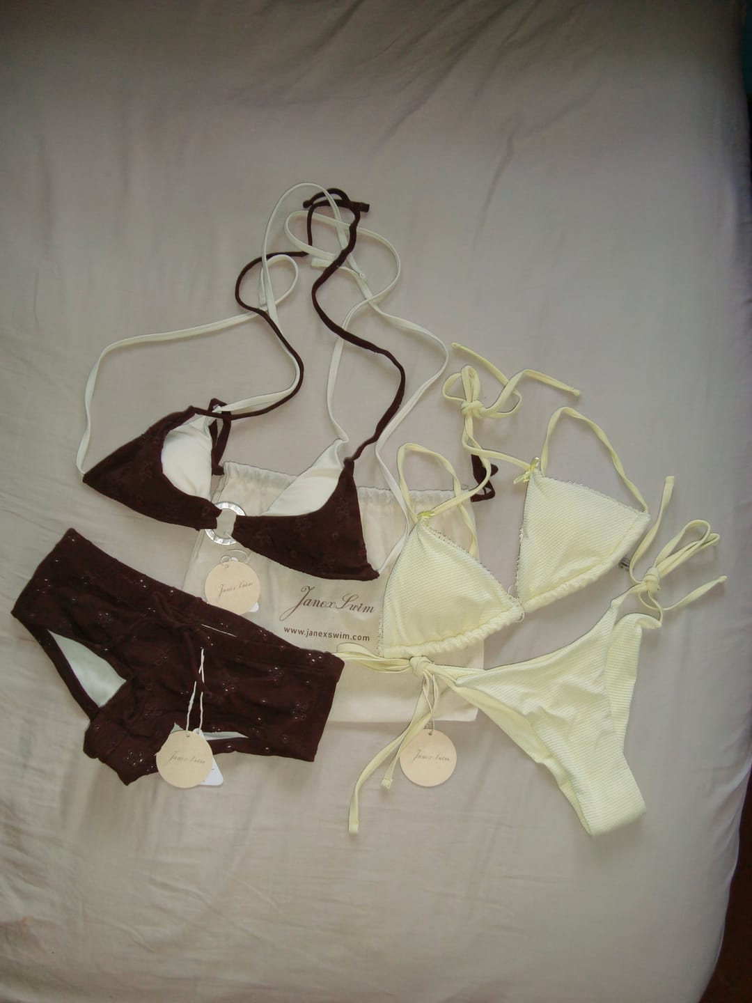 Customer photo review of Light Yellow Textured Knit Fabric Triangle Top & Cheeky Brazilian Bottom Bikini Set