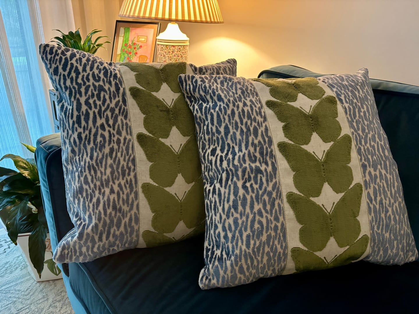Customer photo review of Denim Leopard and Olive Butterfly Pillow Cover