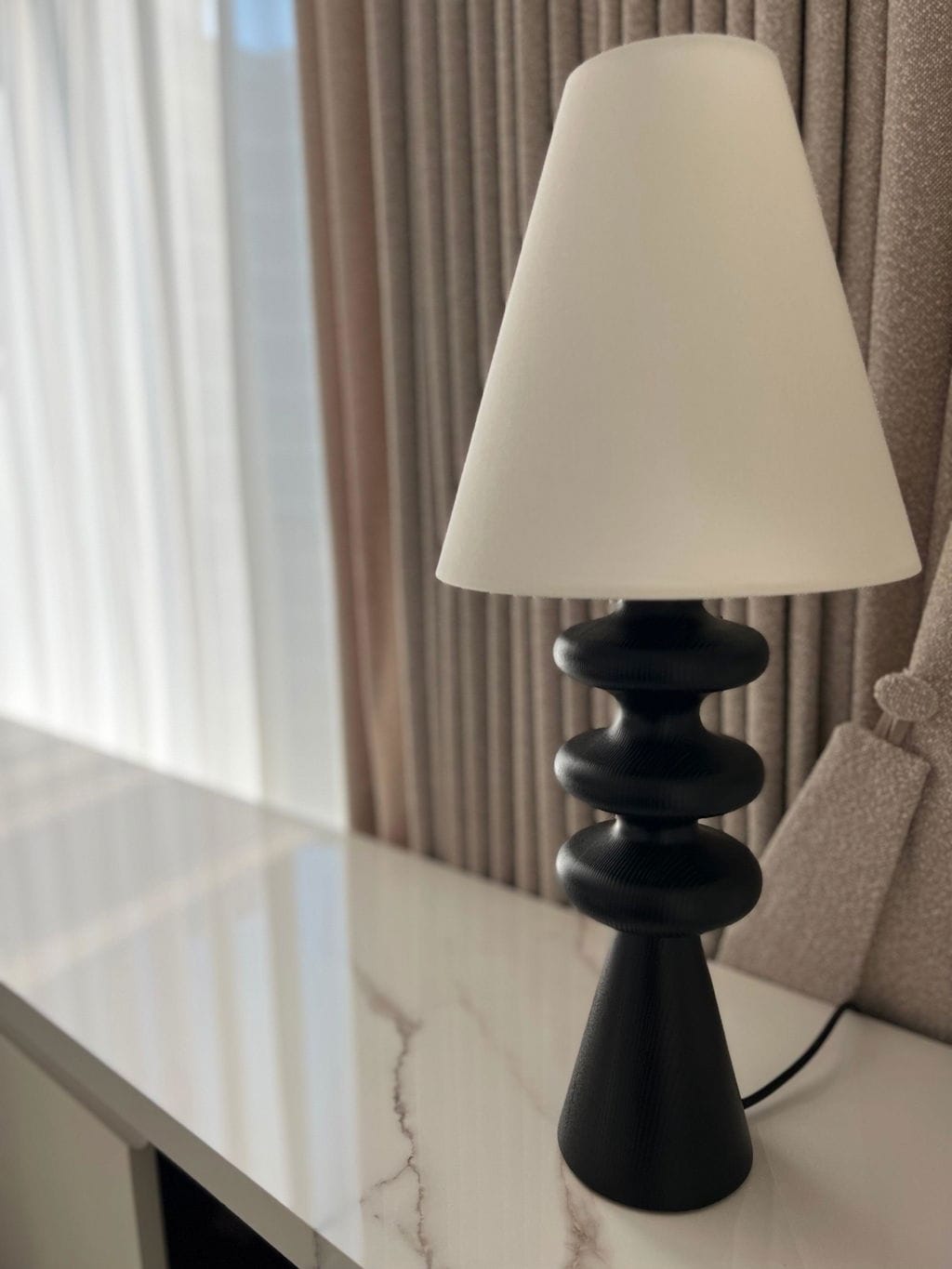 Customer photo review of Sculpted Base Table Lamp, White Fabric Shade, 50 cm Tall