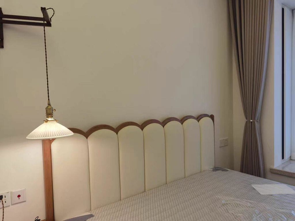 Customer photo review of Swing Arm Wall Light, Wood and Brass, Plug In Wall Sconce
