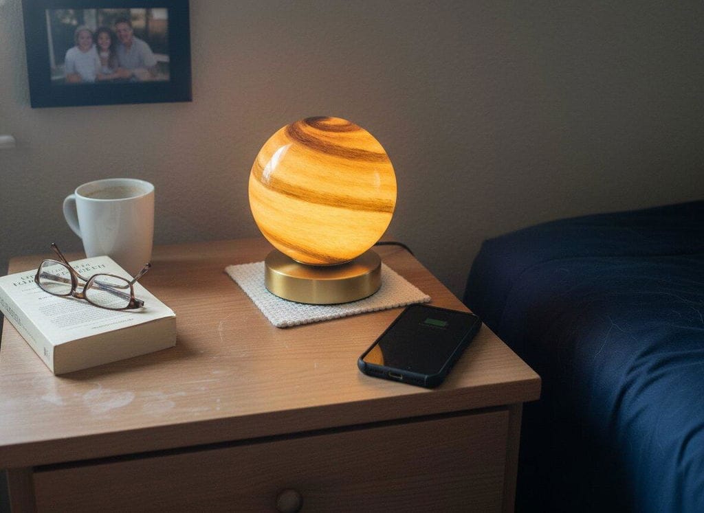 Customer photo review of Swirl Glass Sphere Table Lamp, Brass Base, Bedside Lamp