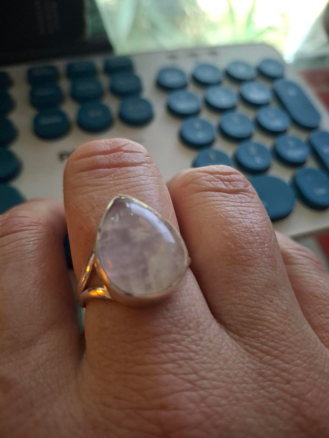 Customer photo review of Rain Drop Rainbow Moonstone Ring