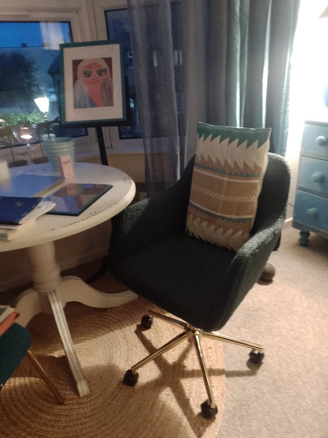 Customer photo review of Grey teddy blue velvet office chair with armrests swivel wheel gold base TORQIL BLUE UK