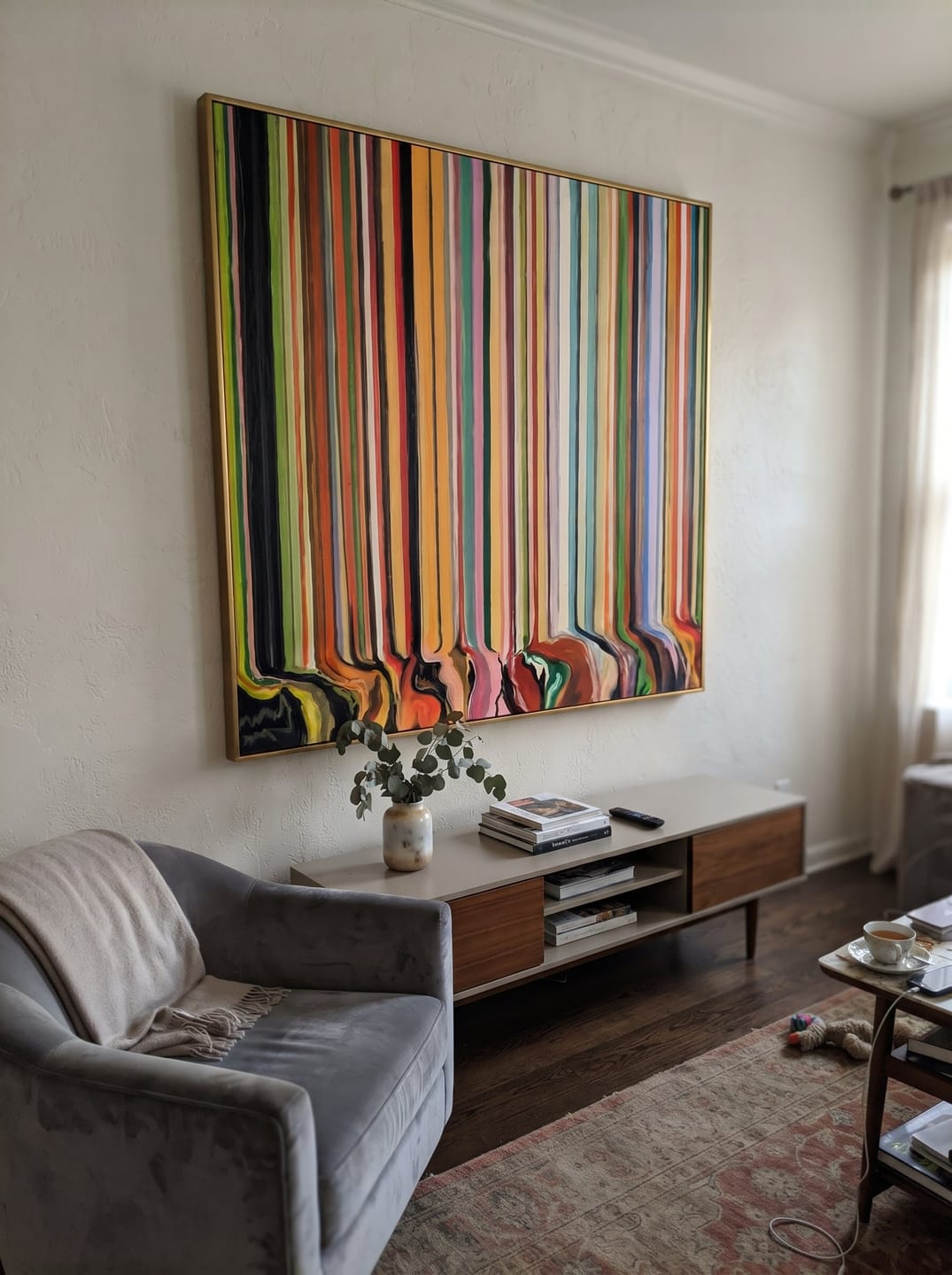 Customer photo review of "Chromatic Veil" - Vertical Color Stripe Abstract | Multicolor Drip Statement Art