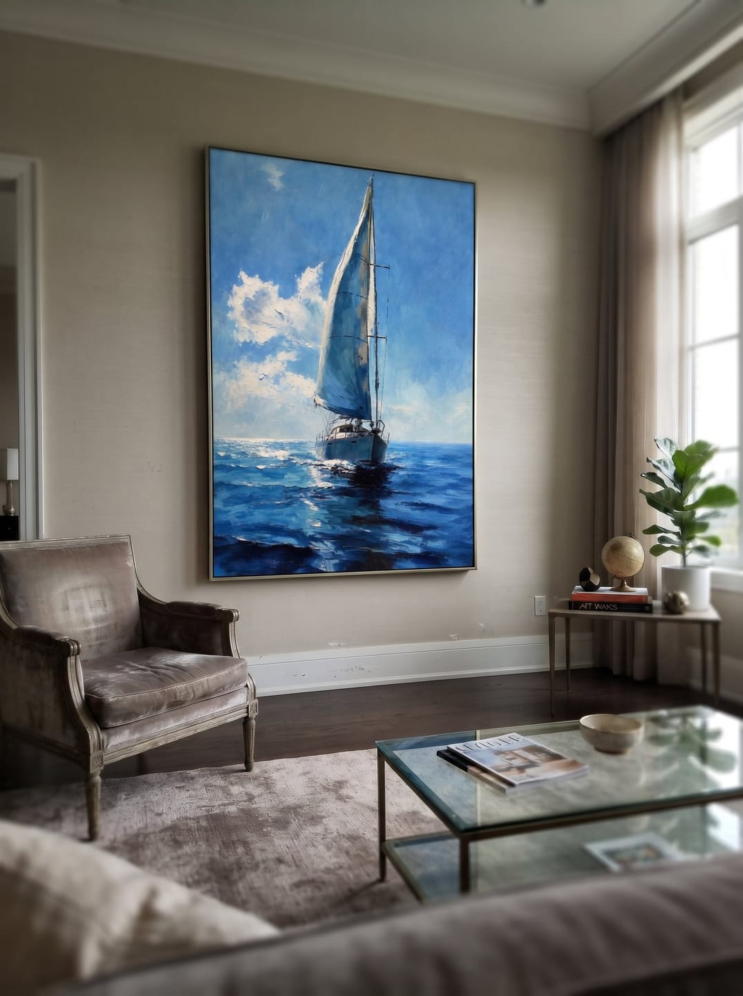 Customer photo review of "Bluewater Passage" - Blue Sailboat Seascape Painting | Blue White Vertical Coastal Wall Art