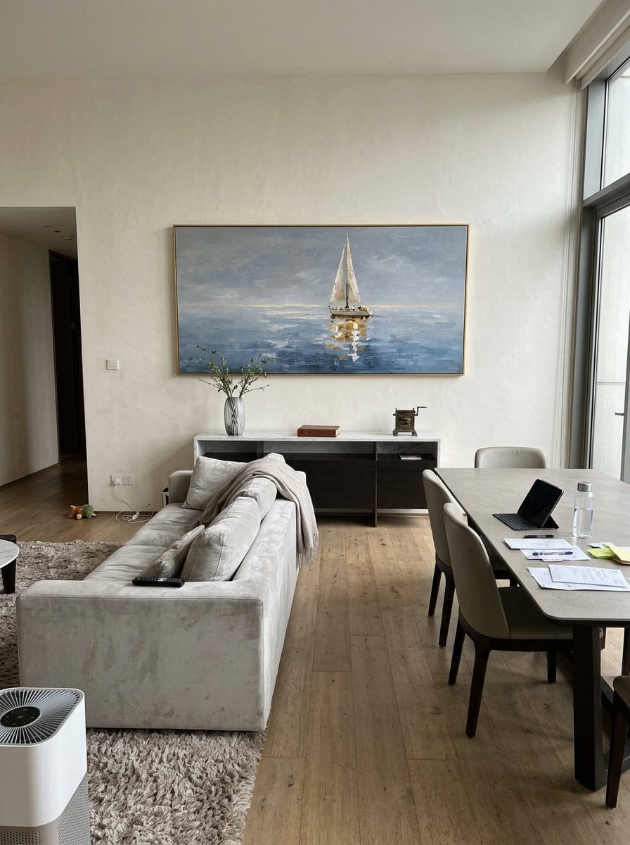 Customer photo review of "Solitary Sail" - Grey Blue Sailboat Seascape | Grey Blue & Gold Horizontal Coastal Wall Art
