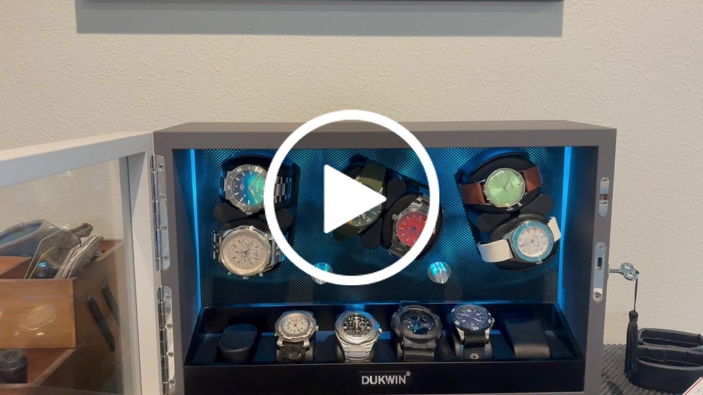 Customer video review of 6 + 6 Watch Winder with Extra Storages Aurora Blue Light Quiet Motors - Silken Grey