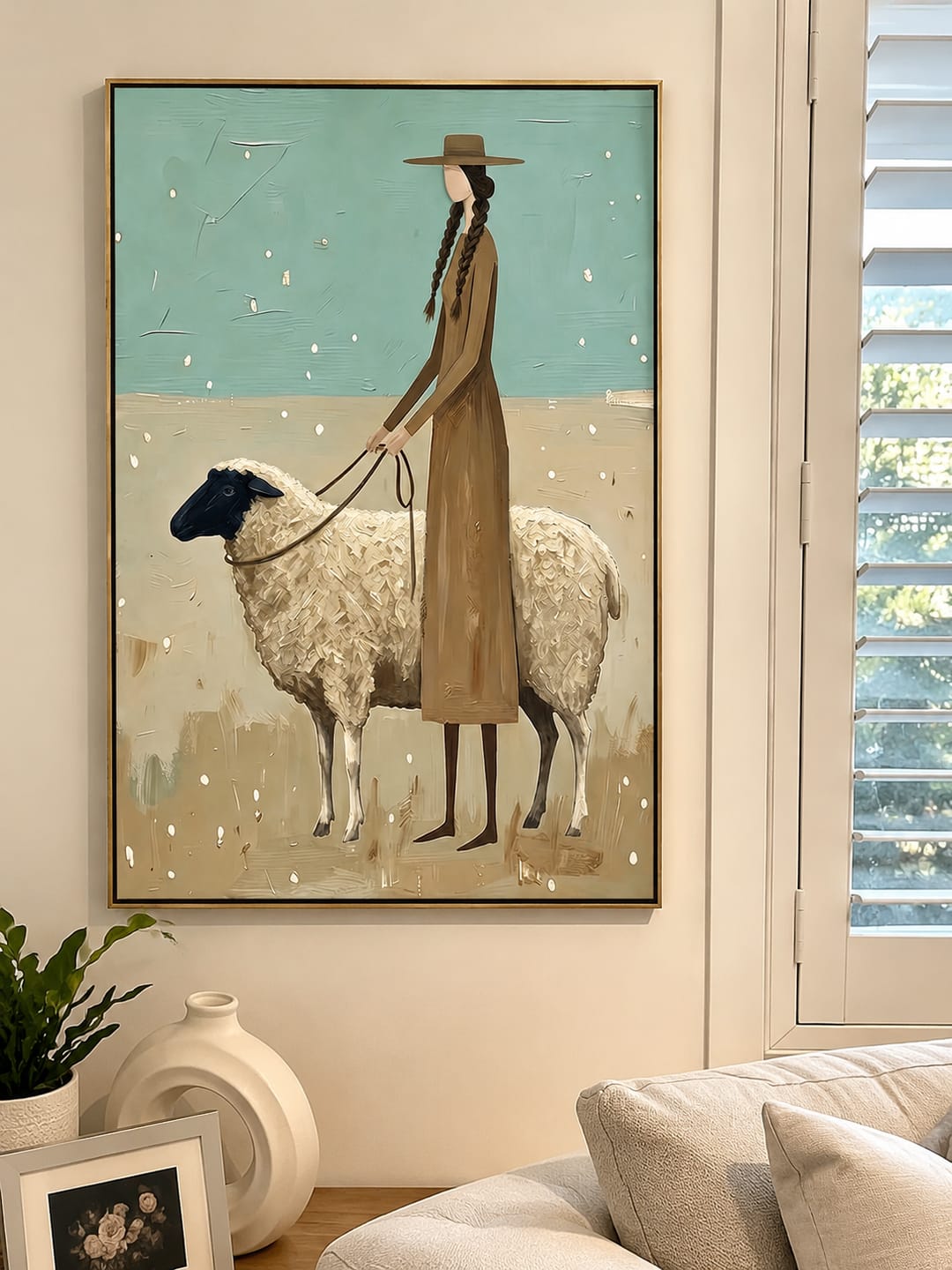 Customer photo review of “Quiet Shepherdess” – Sage Green Pastoral Sheep Oil Painting