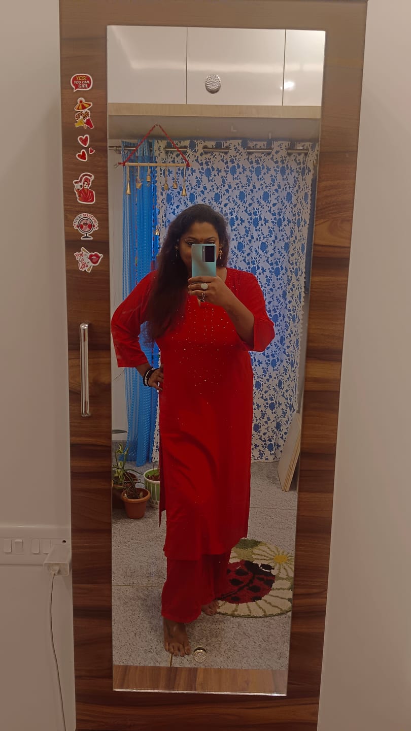 Customer photo review of Red 2 piece Rayon Mukaish set