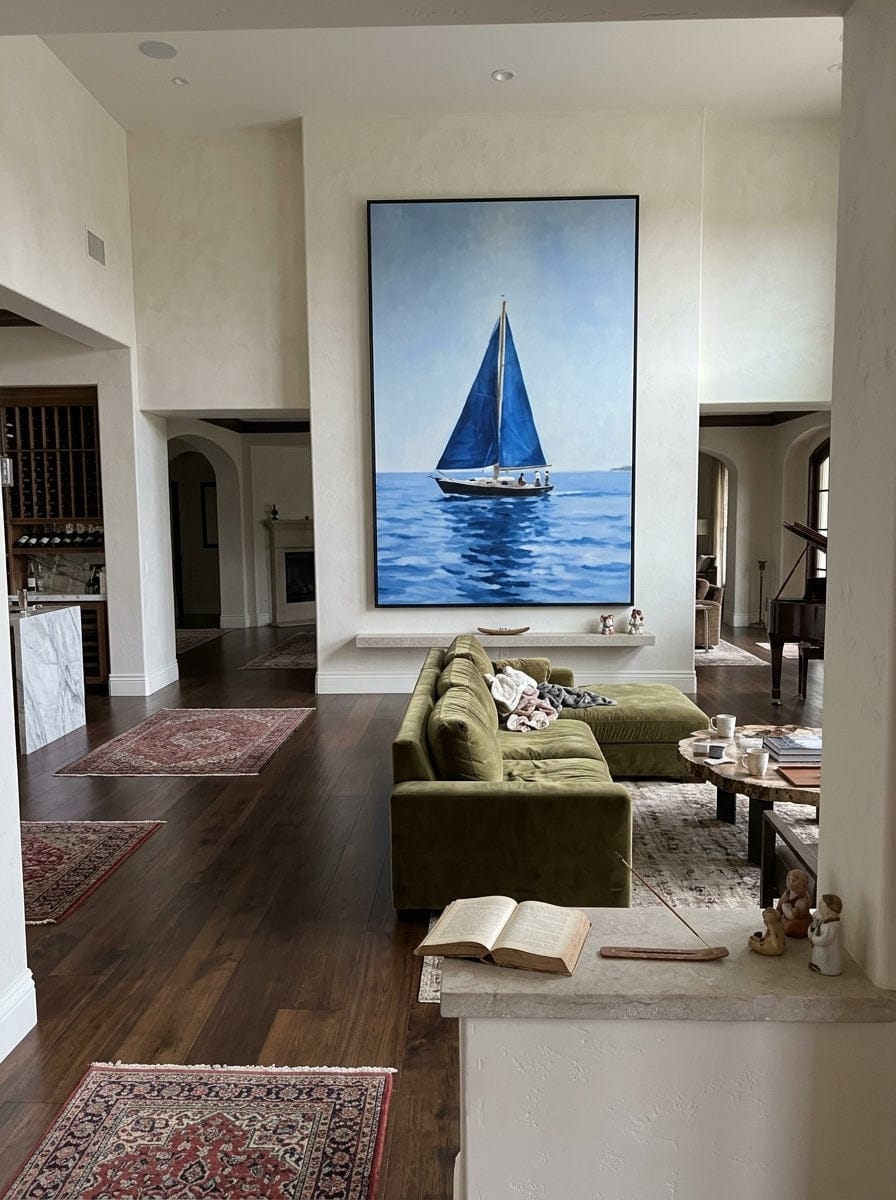 Customer photo review of "Quiet Crossing" - Navy Blue Sailboat Ocean Painting | Blue White Vertical Coastal Wall Art