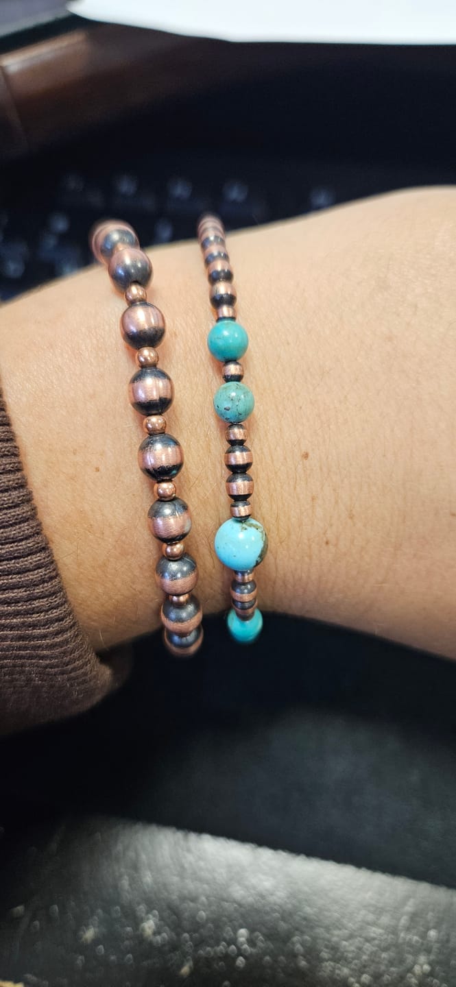 Customer photo review of Handcrafted Patterned Copper 3&6mm Beaded Bracelet 7.5"