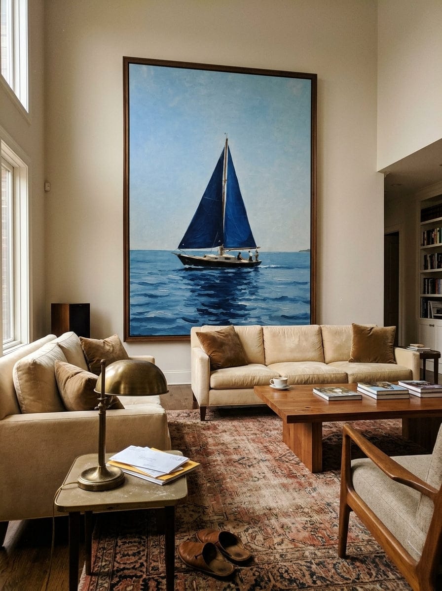 Customer photo review of "Quiet Crossing" - Navy Blue Sailboat Ocean Painting | Blue White Vertical Coastal Wall Art