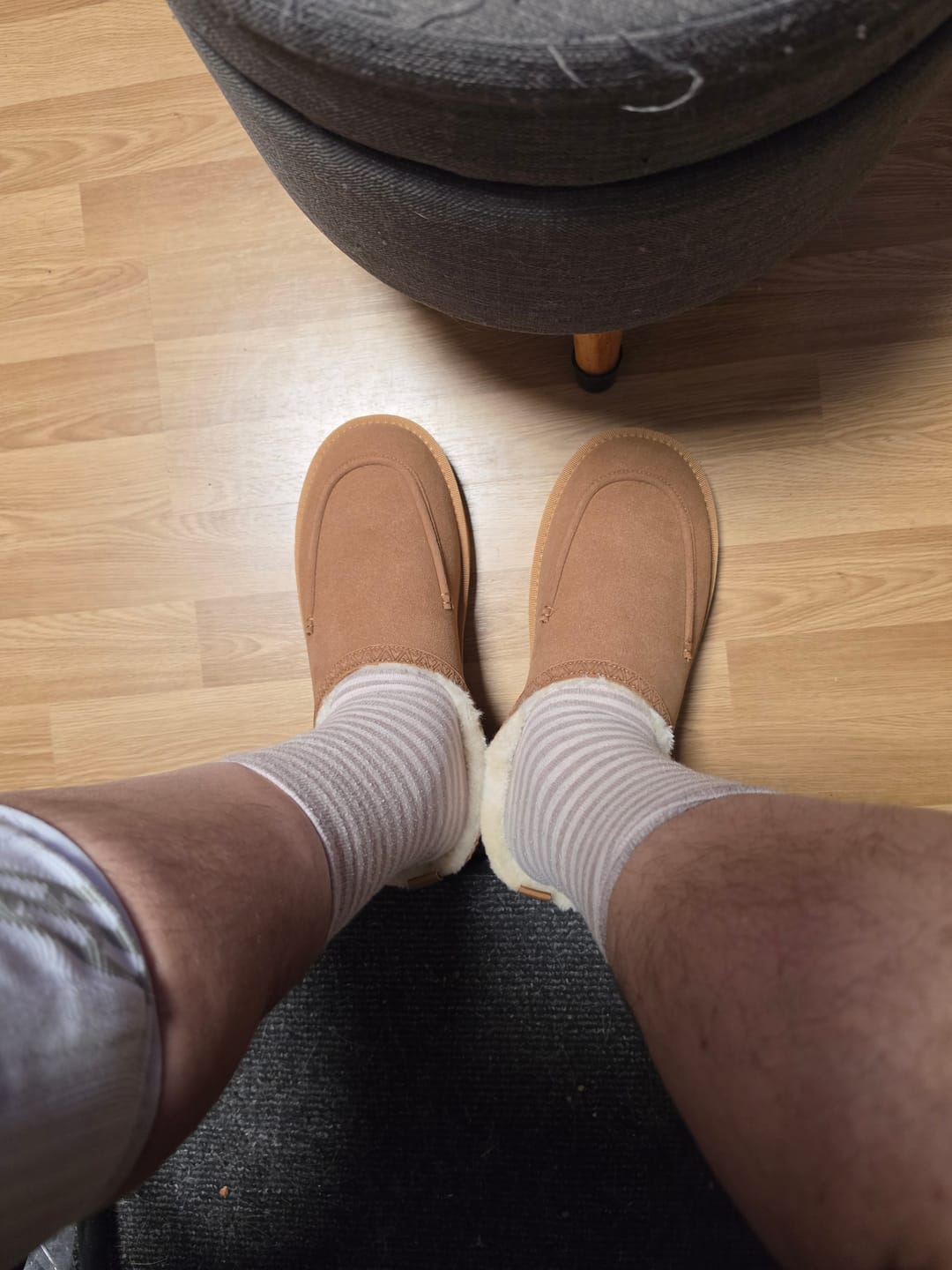 Customer photo review of camel-colored faux suede lined mules