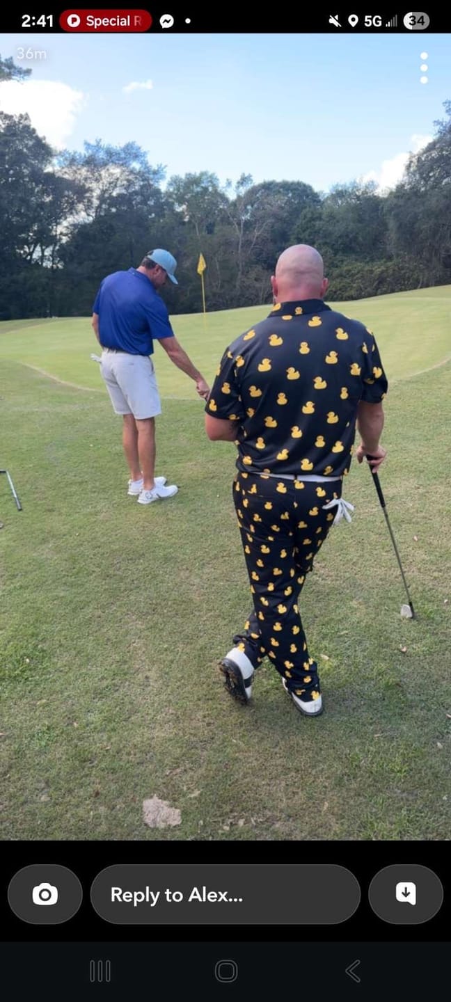 Customer photo review of Men's Golf Set Polo+Pants Yellow Rubber Duck  The Background Color