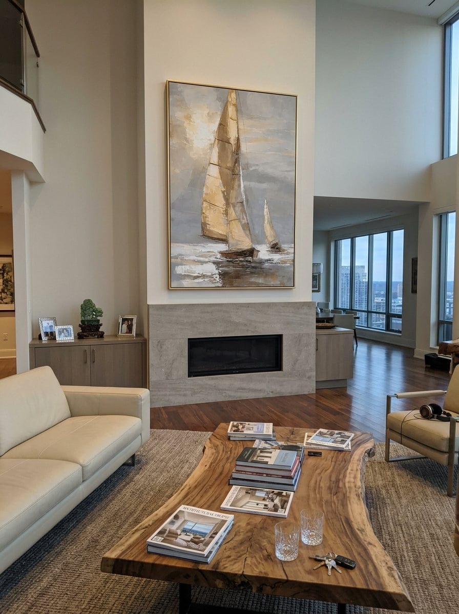 Customer photo review of "Golden Wind" - Beige Sailboat Impasto Painting | Ivory Gold & Grey Vertical Coastal Wall Art