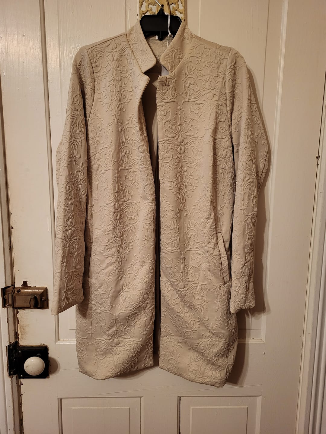 Customer photo review of Dear Scarlett "Amara" Jacquard Midi Coat with Pockets (Oatmeal)