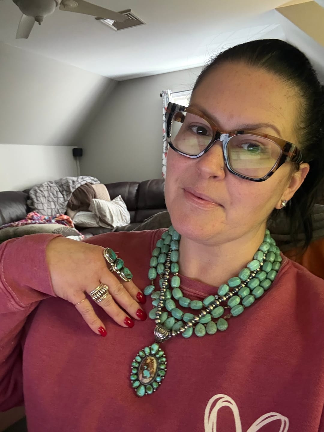Customer photo review of Diane Wylie Sterling Silver, Royston Ribbon & Sonoran Mountain Turquoise Cluster Pendants