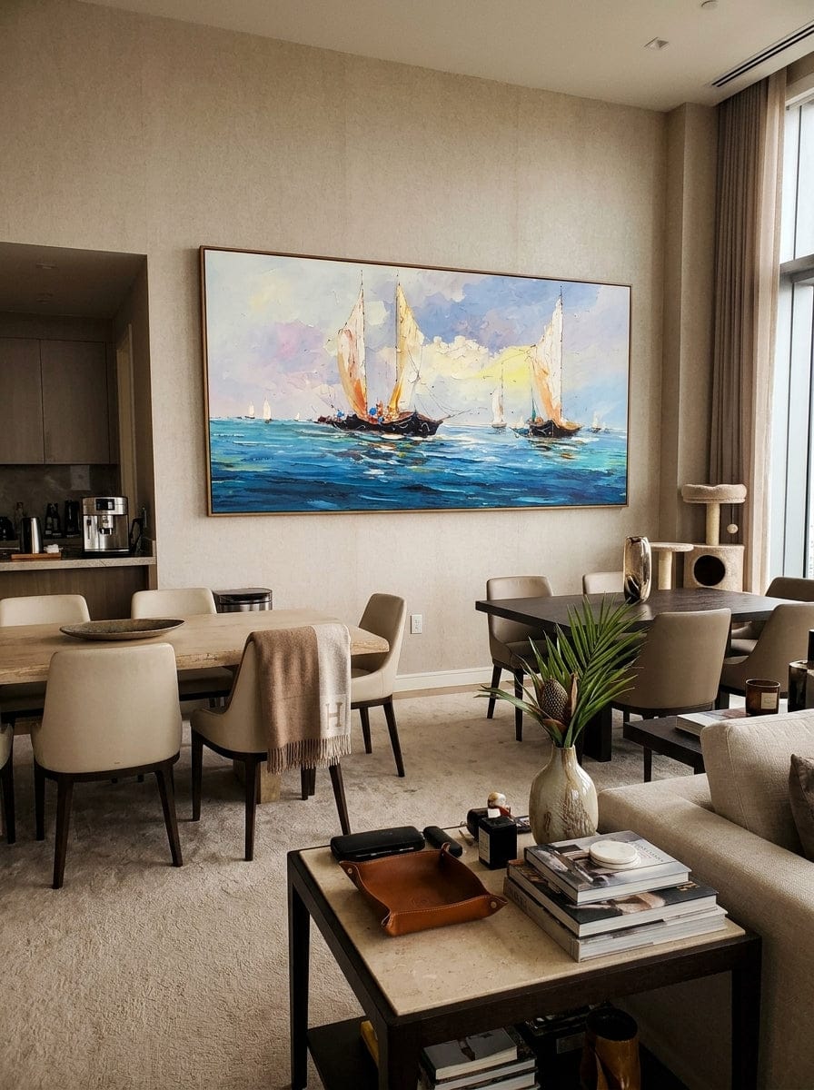 Customer photo review of "Sails on the Horizon" - Impressionist Regatta Seascape | Blue Pink & White Horizontal Sailboat Wall Art