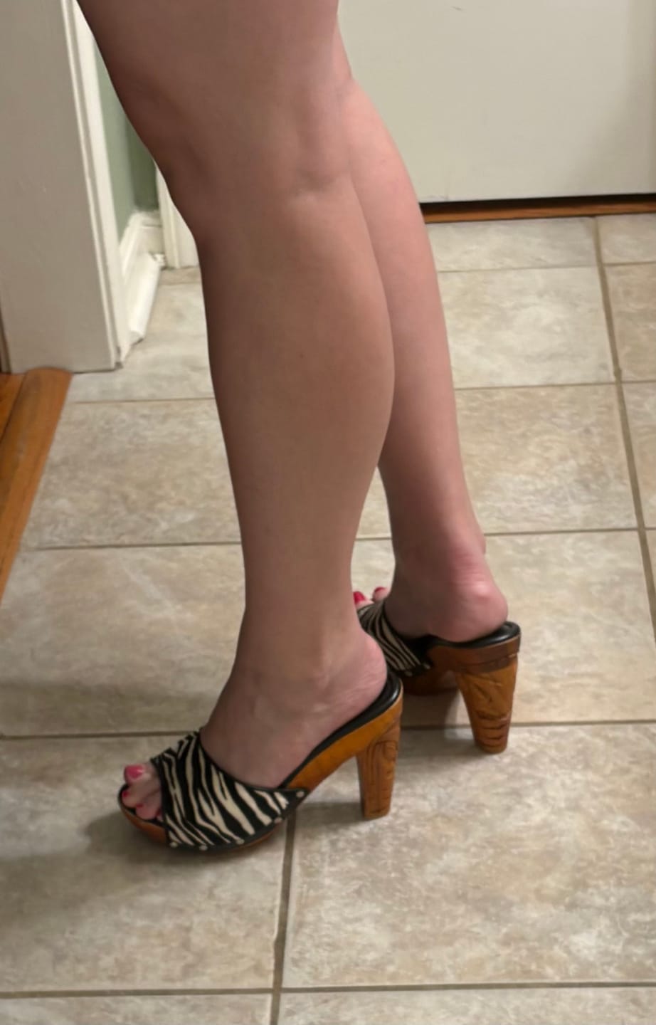 Customer photo review of Rockin' Tiki - without an ankle strap - 4" hand-carved wood heels / Wild Nobility Zebra