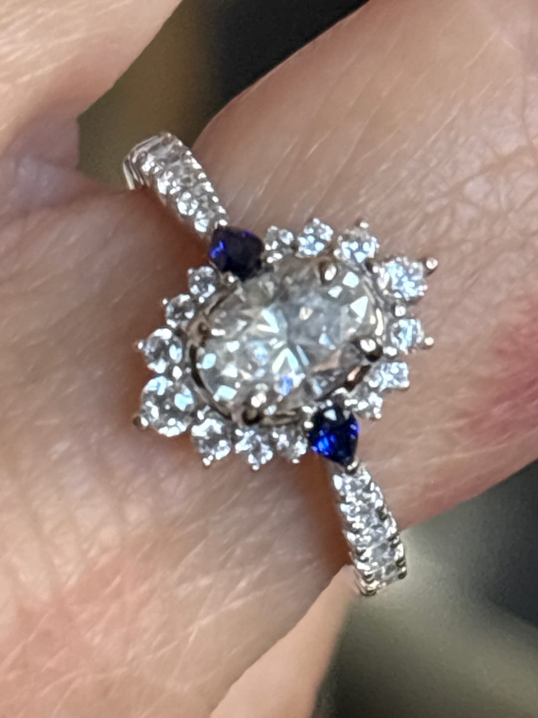 Customer photo review of Halo Oval Moissanite Pear Sapphire Sidestone Pave Engagement Ring