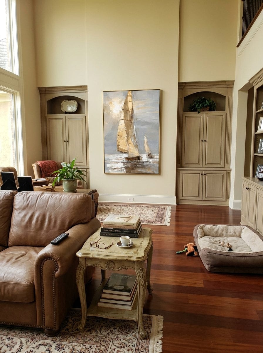 Customer photo review of "Golden Wind" - Beige Sailboat Impasto Painting | Ivory Gold & Grey Vertical Coastal Wall Art