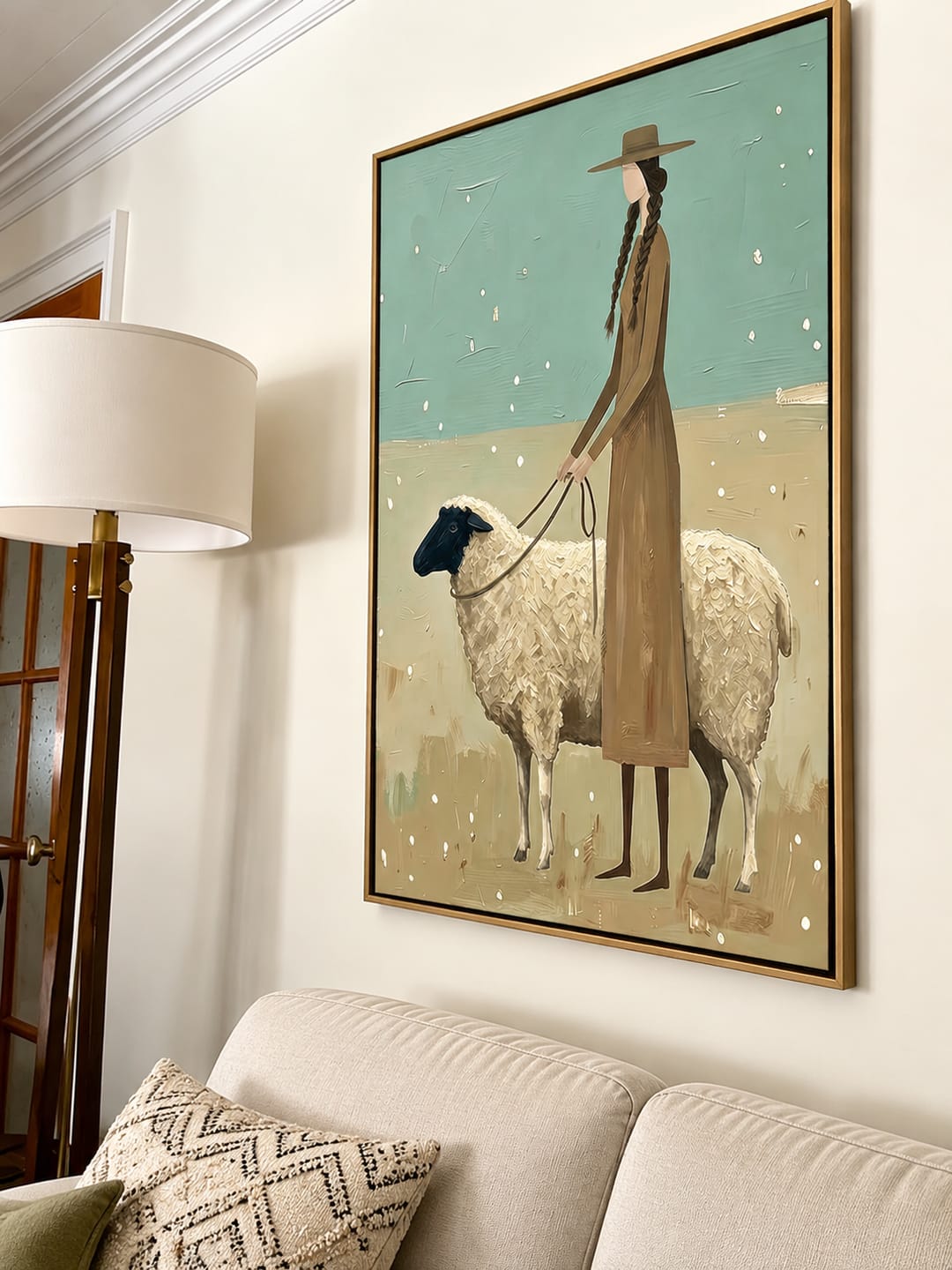 Customer photo review of “Quiet Shepherdess” – Sage Green Pastoral Sheep Oil Painting