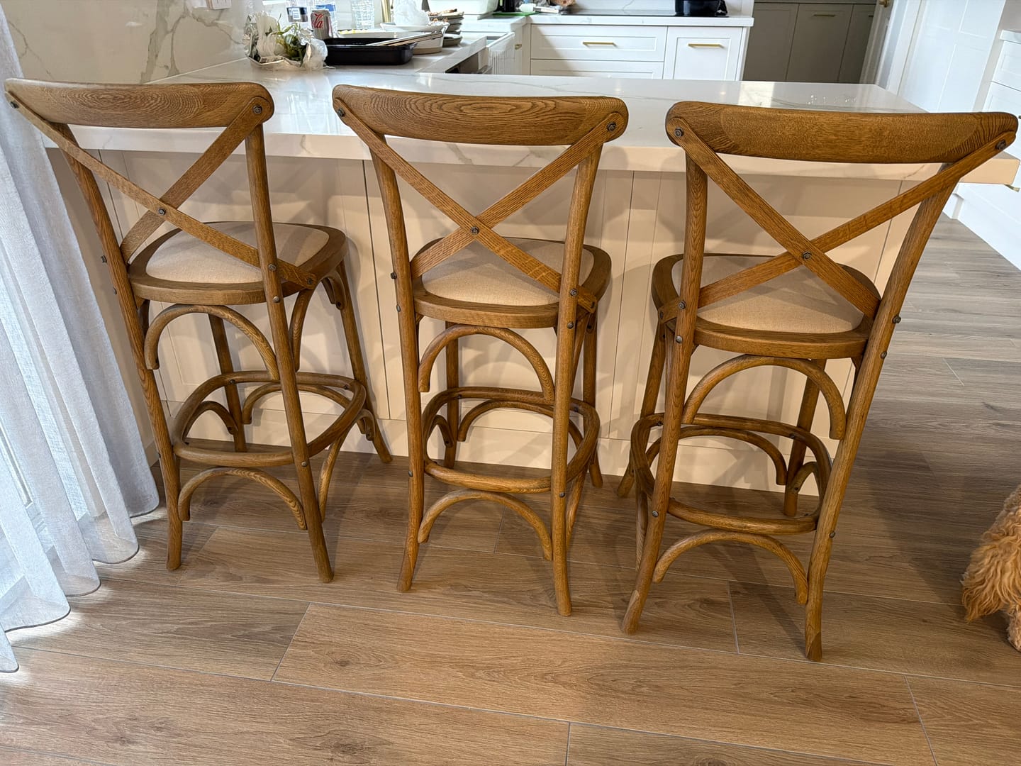 Customer photo review of Carter Cross-back Kitchen Stool With Linen Seat