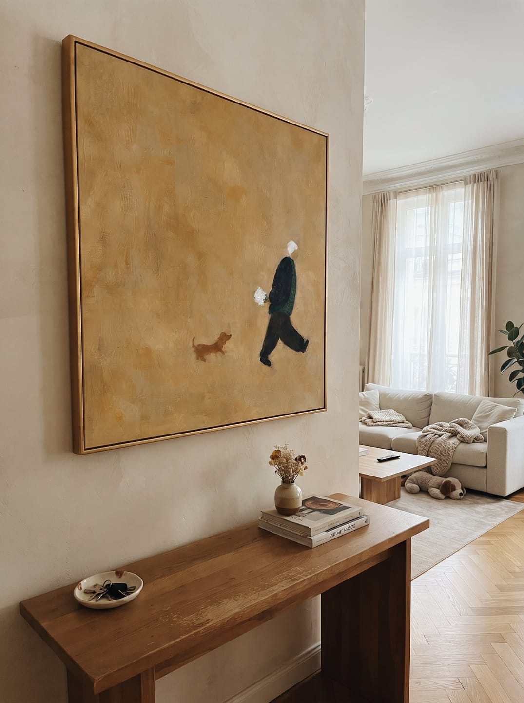 Customer photo review of "Little Companion" - Minimalist Figure With Dog | Warm Beige Contemporary Square Art
