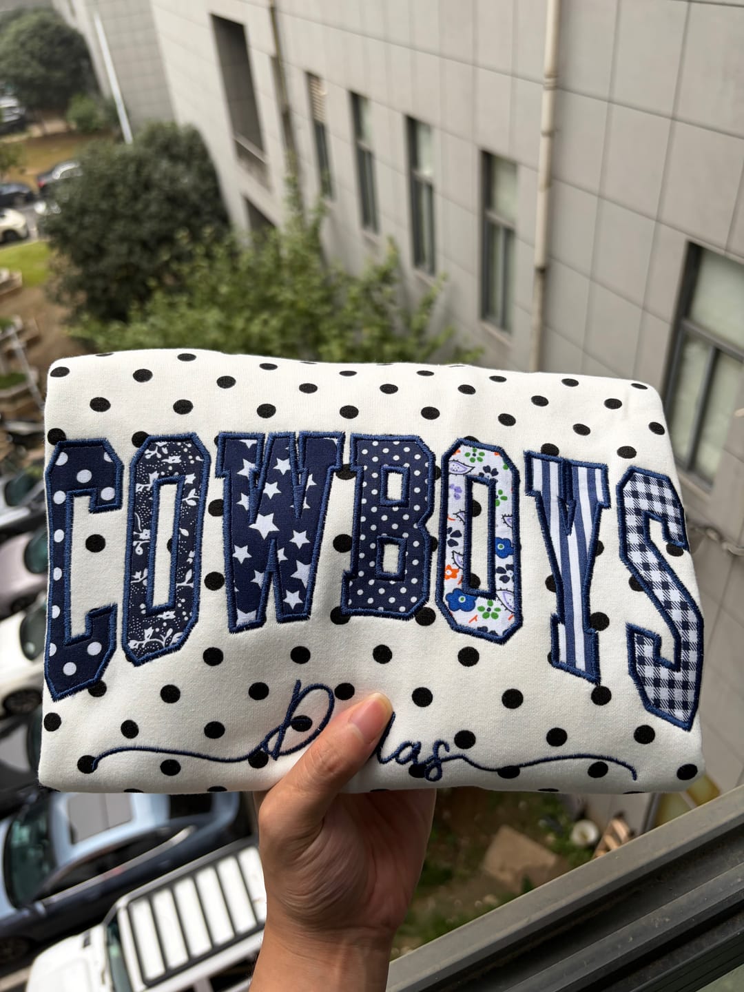 Customer photo review of Custom Patchwork Fabric Embroidered Polka Dot Sweatshirt Team and School Name Applique Varsity Letters | Game Day Wear