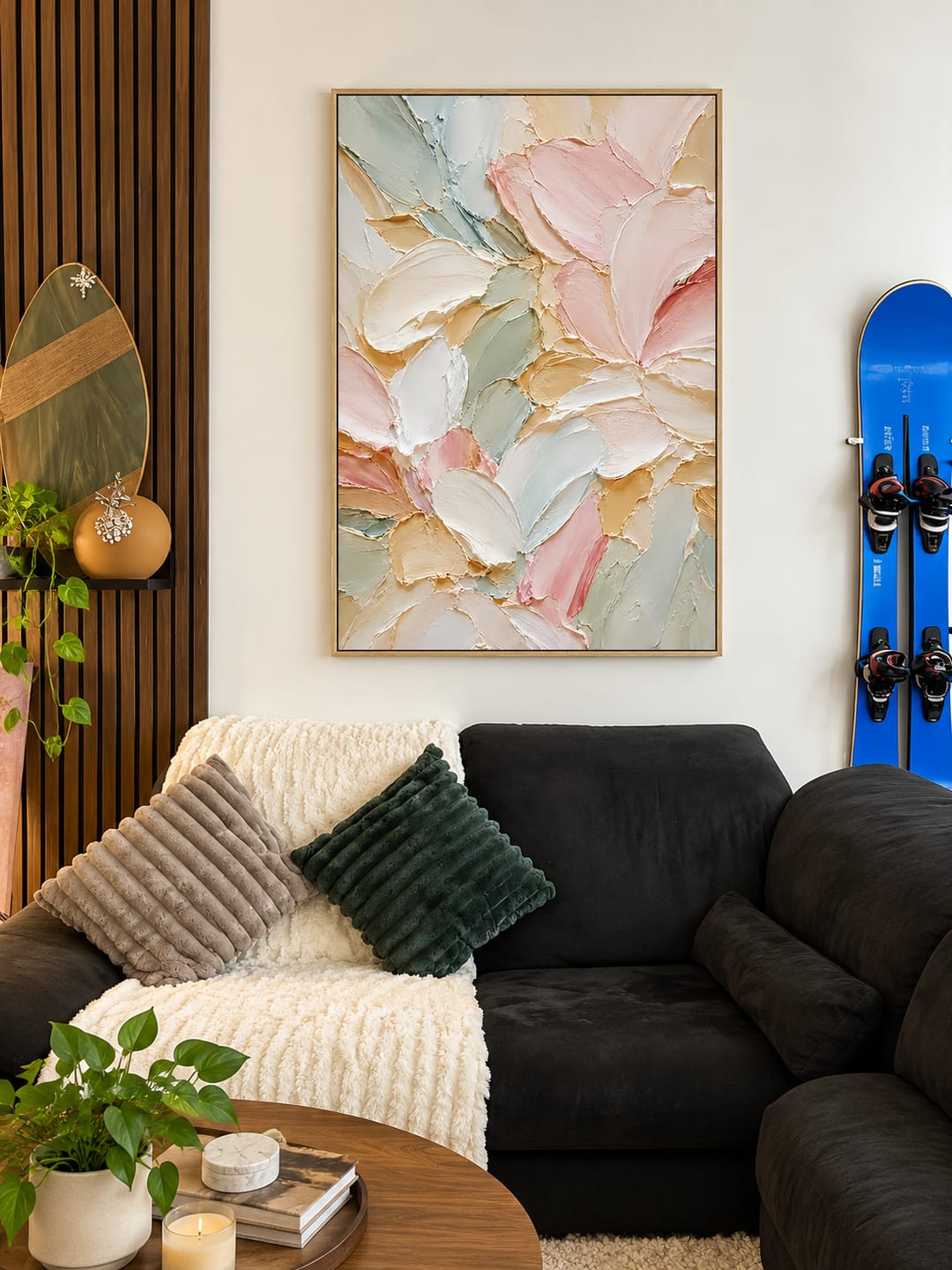 Customer photo review of "Petals in the Breeze" – Pastel Abstract Floral Petal Textured Oil Painting