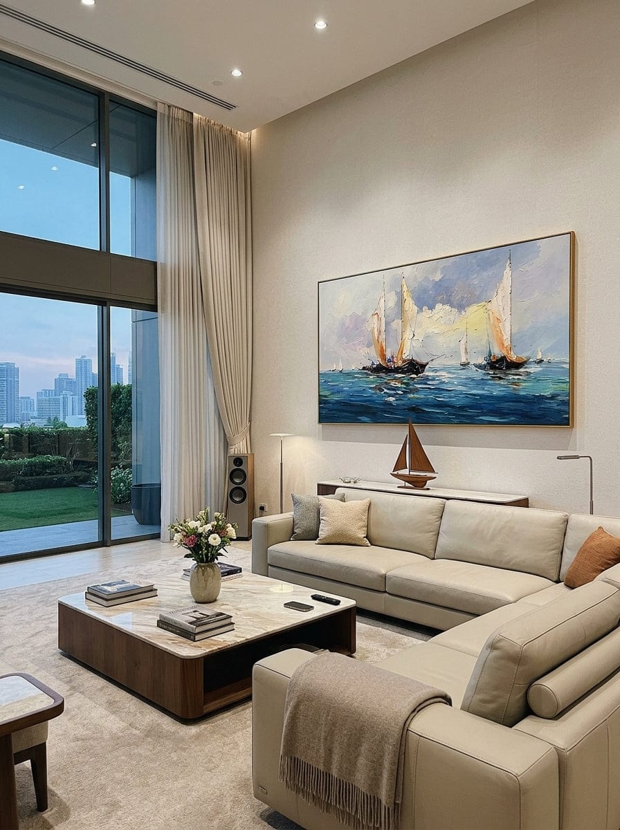 Customer photo review of "Sails on the Horizon" - Impressionist Regatta Seascape | Blue Pink & White Horizontal Sailboat Wall Art