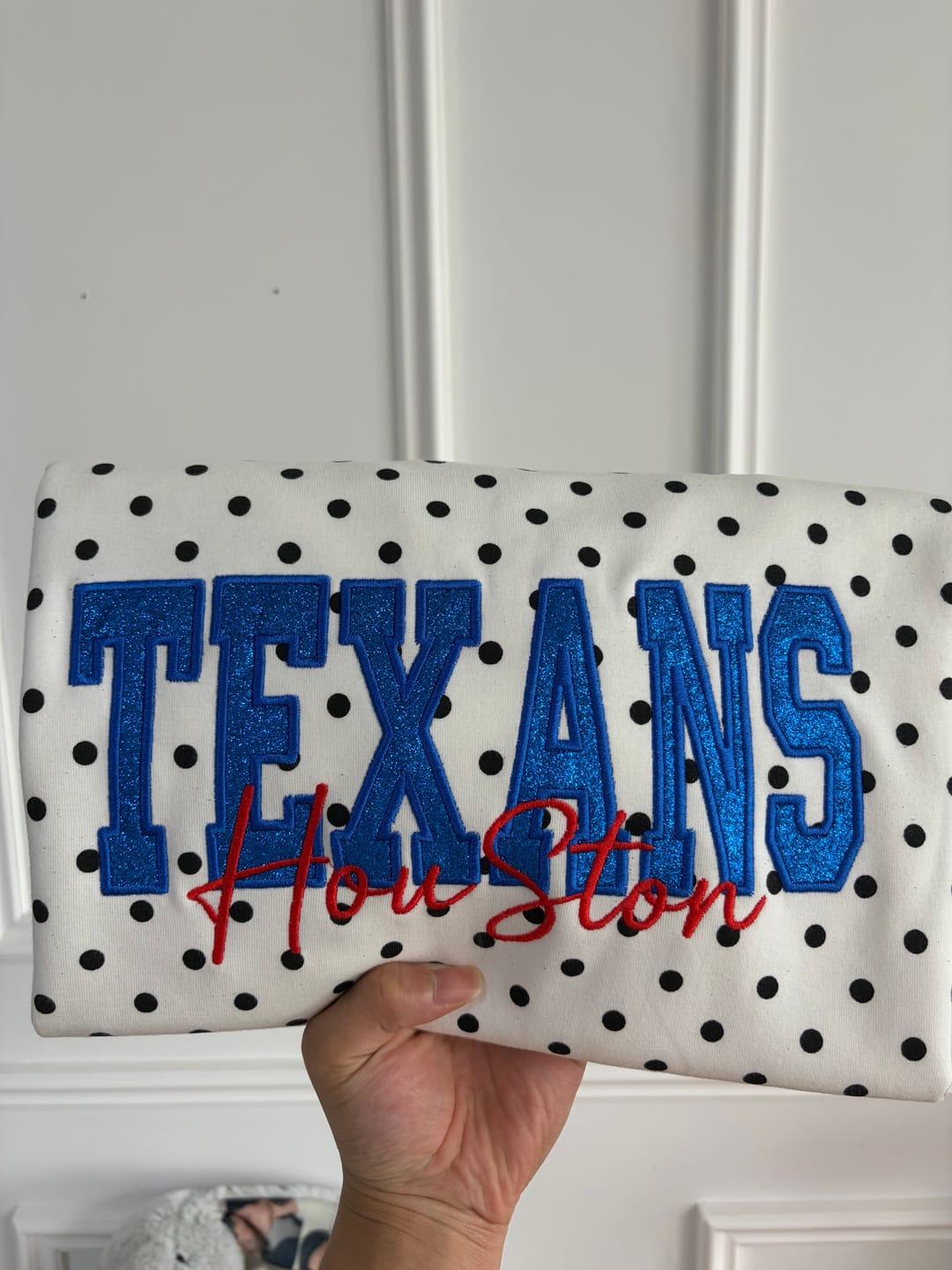 Customer photo review of Custom Embroidered Glitter Vinyl Team Polka Dot Sweatshirt - Game Day Best Gear | Gifts for Sports Mom | Game Day Wear