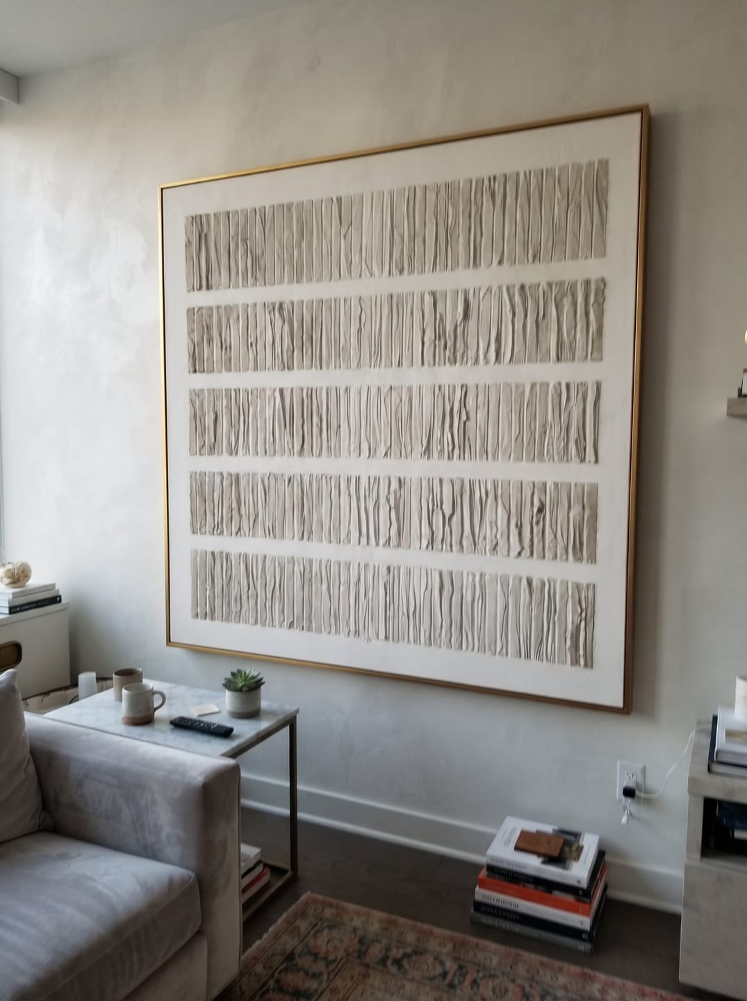 Customer photo review of "Quiet Strata" - 3D Minimalist Plaster Line Relief | Ivory White Square Textured Art