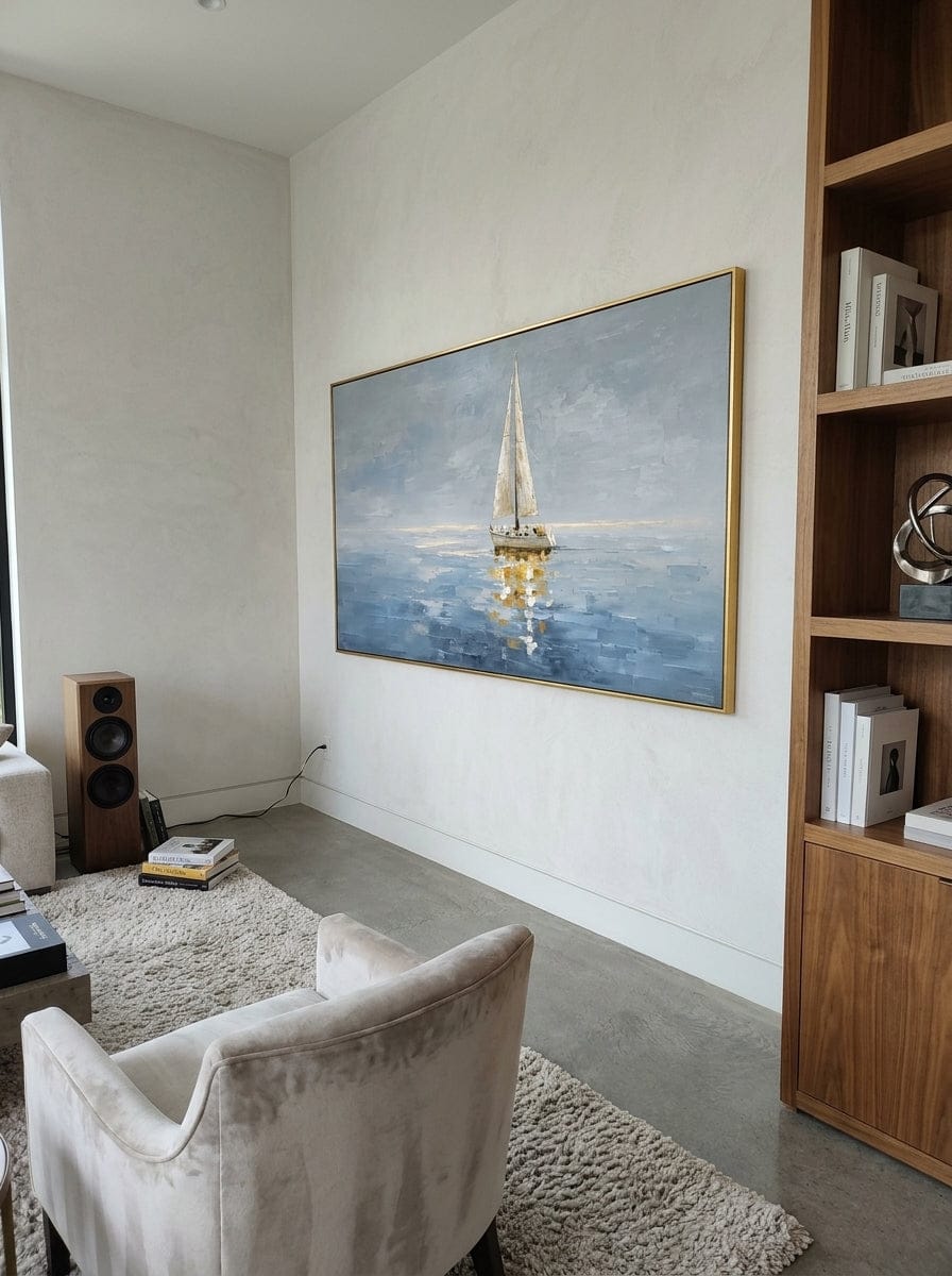Customer photo review of "Solitary Sail" - Grey Blue Sailboat Seascape | Grey Blue & Gold Horizontal Coastal Wall Art