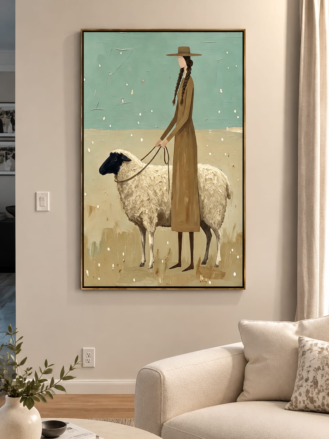 Customer photo review of “Quiet Shepherdess” – Sage Green Pastoral Sheep Oil Painting