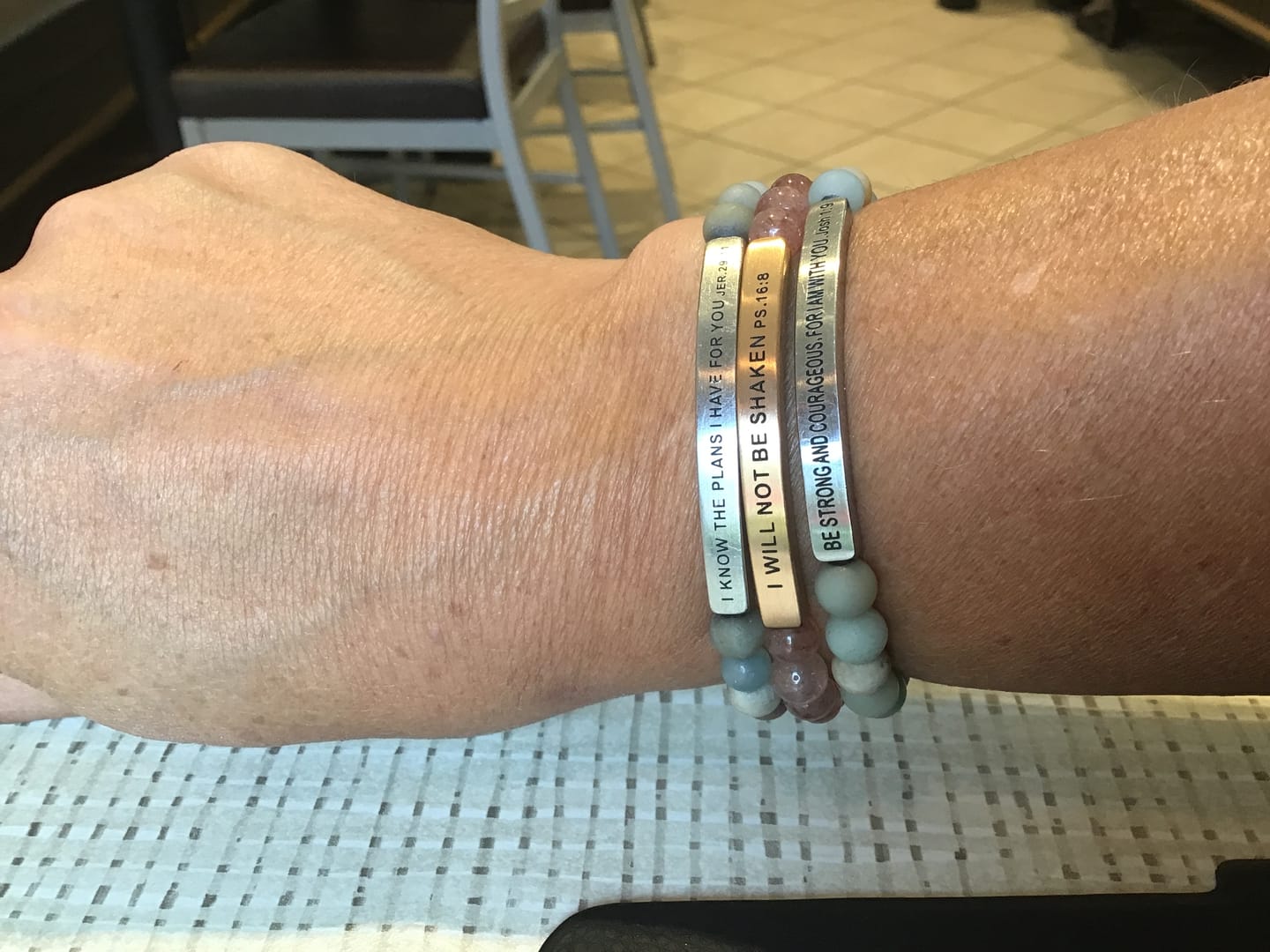 Customer photo review of I WILL NOT BE SHAKEN PSALMS 16:8 - ENGRAVED INSPIRATIONAL BRACELET