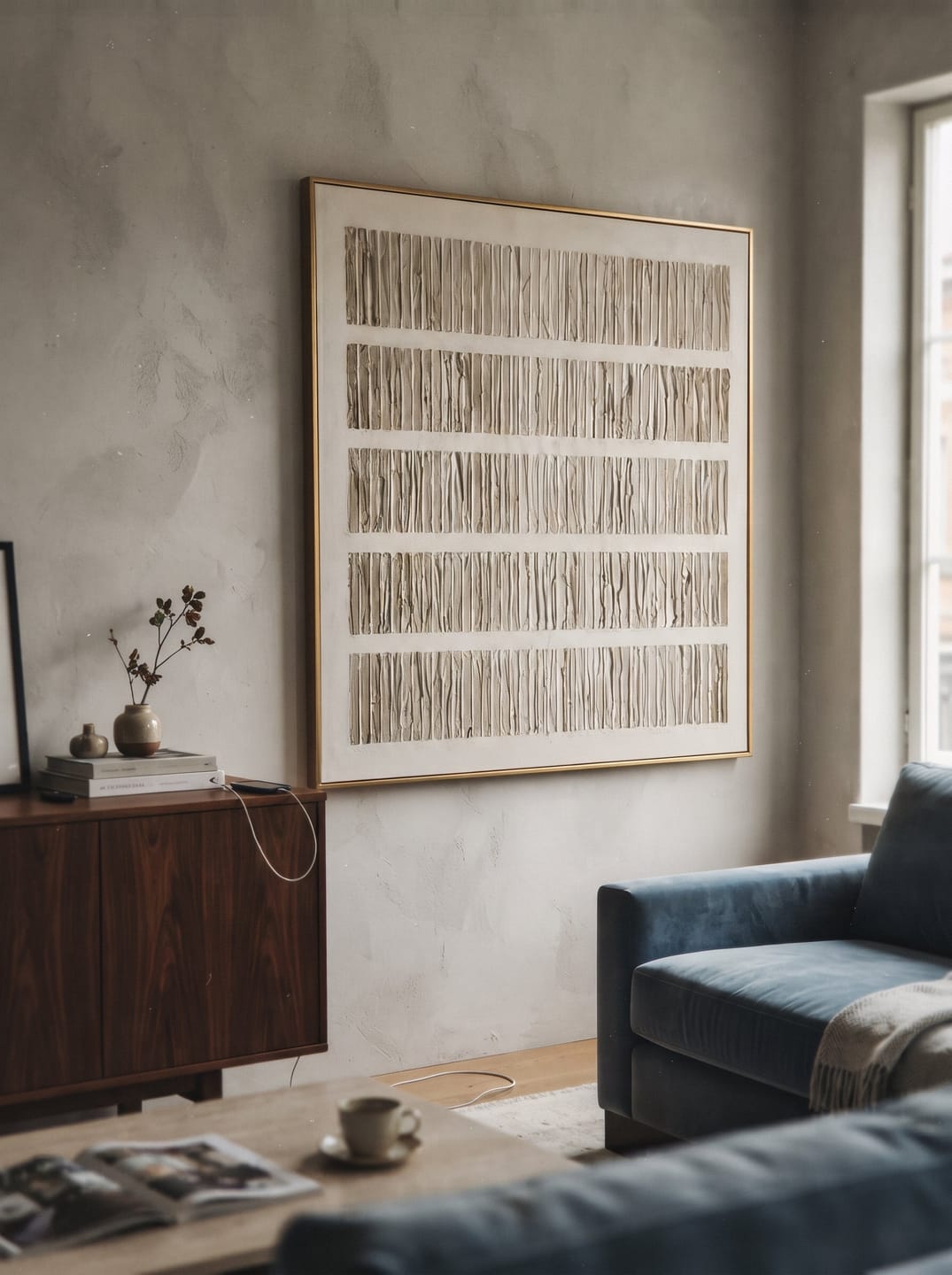 Customer photo review of "Quiet Strata" - 3D Minimalist Plaster Line Relief | Ivory White Square Textured Art
