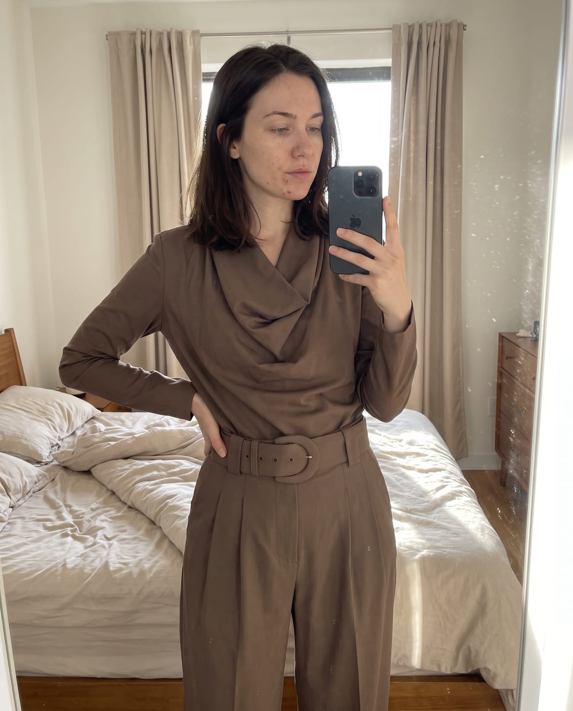 Customer photo review of Claudia Draped-Neck Top and Pleated Wide-Leg Pants