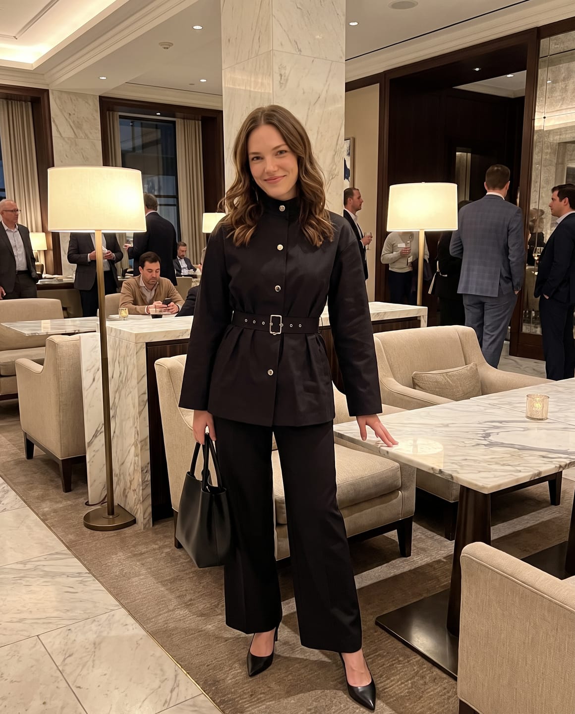 Customer photo review of Aimee Stand-Collar Belted Jacket and Wide-Leg Pants