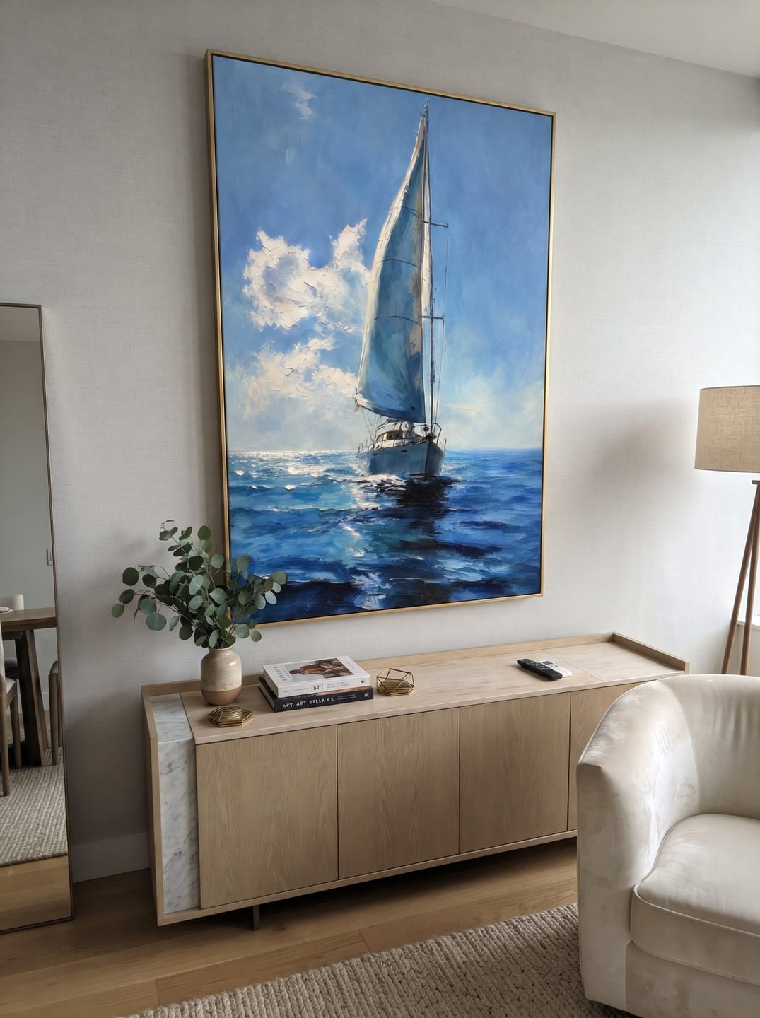 Customer photo review of "Bluewater Passage" - Blue Sailboat Seascape Painting | Blue White Vertical Coastal Wall Art
