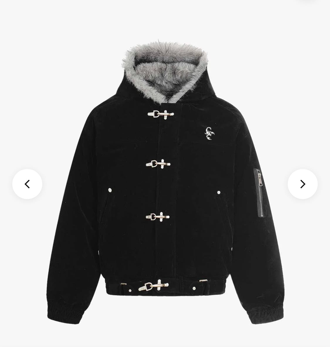 Customer photo review of Streetwear Metal Clip Faux Fur Hooded Suede Bomber Jacket - 2597