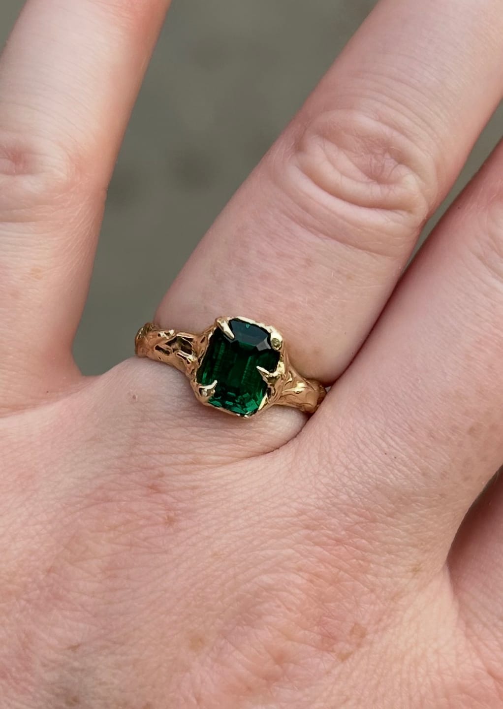 Customer photo review of Custom Lab Emerald AVALON • Molten Gold Engagement Ring