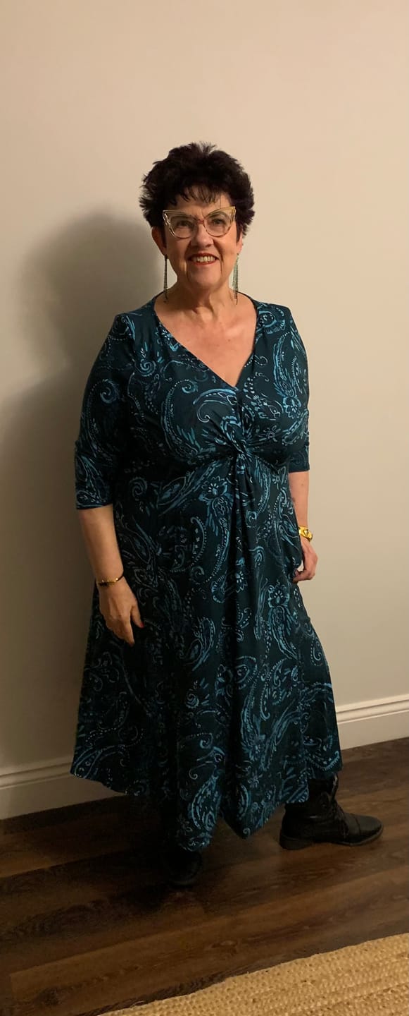 Customer photo review of Claudia Dark Green Paisley Peach Touch Jersey Knot Front Dress