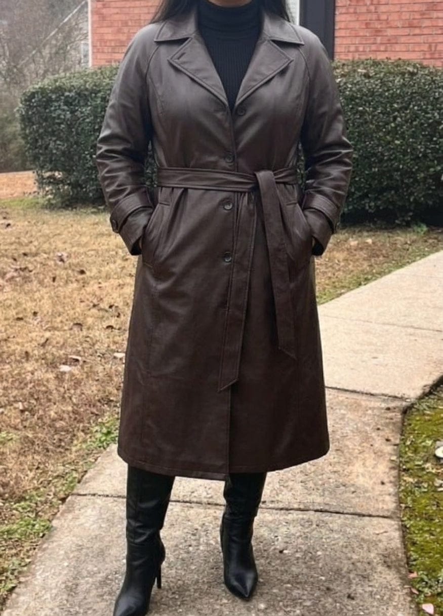 Customer photo review of Faux-Leather Belted Mid-Calf Trench Coat