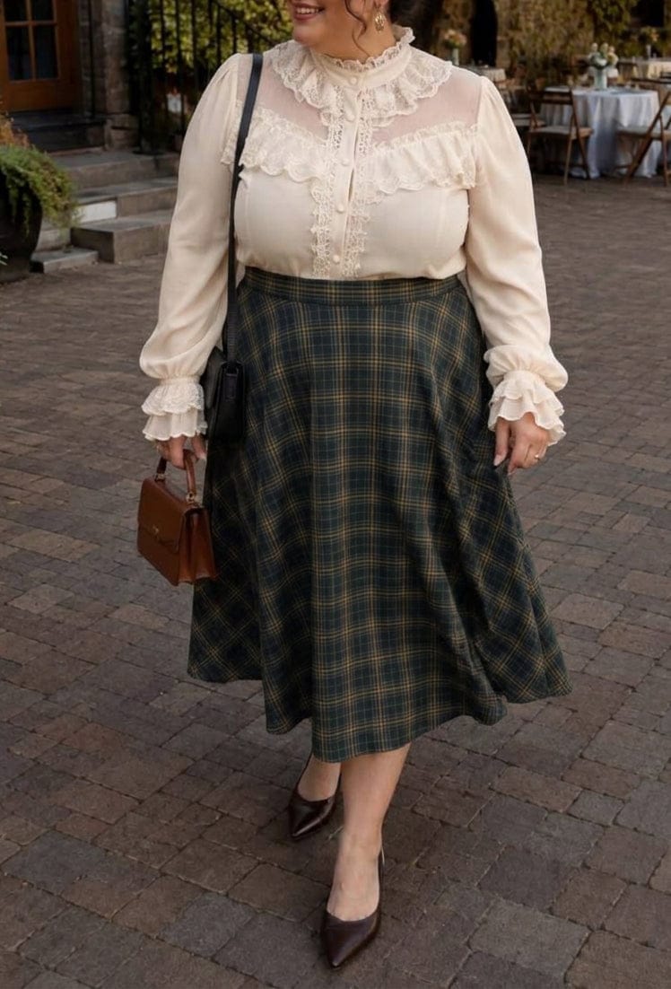 Customer photo review of High-Waisted Plaid A-Line Midi Skirt with Pockets