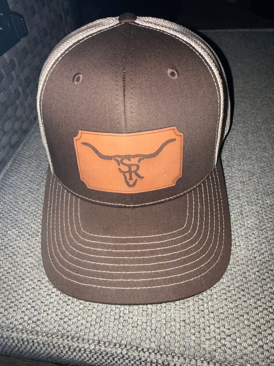 Customer photo review of Custom Leather Patch Trucker Hat - Richardson 112+